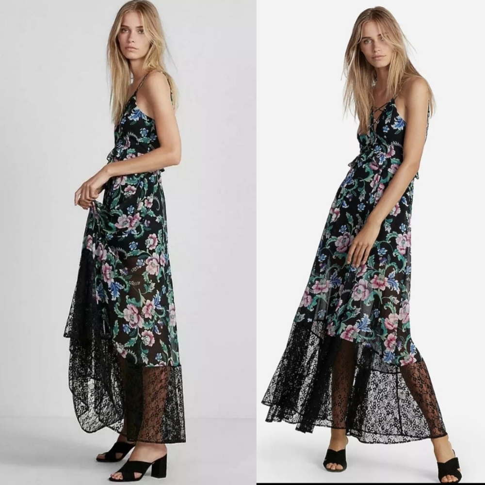 Express Bohomeian Floral Lace Spaghetti Strap Kriss Kross Zip Maxi Dress